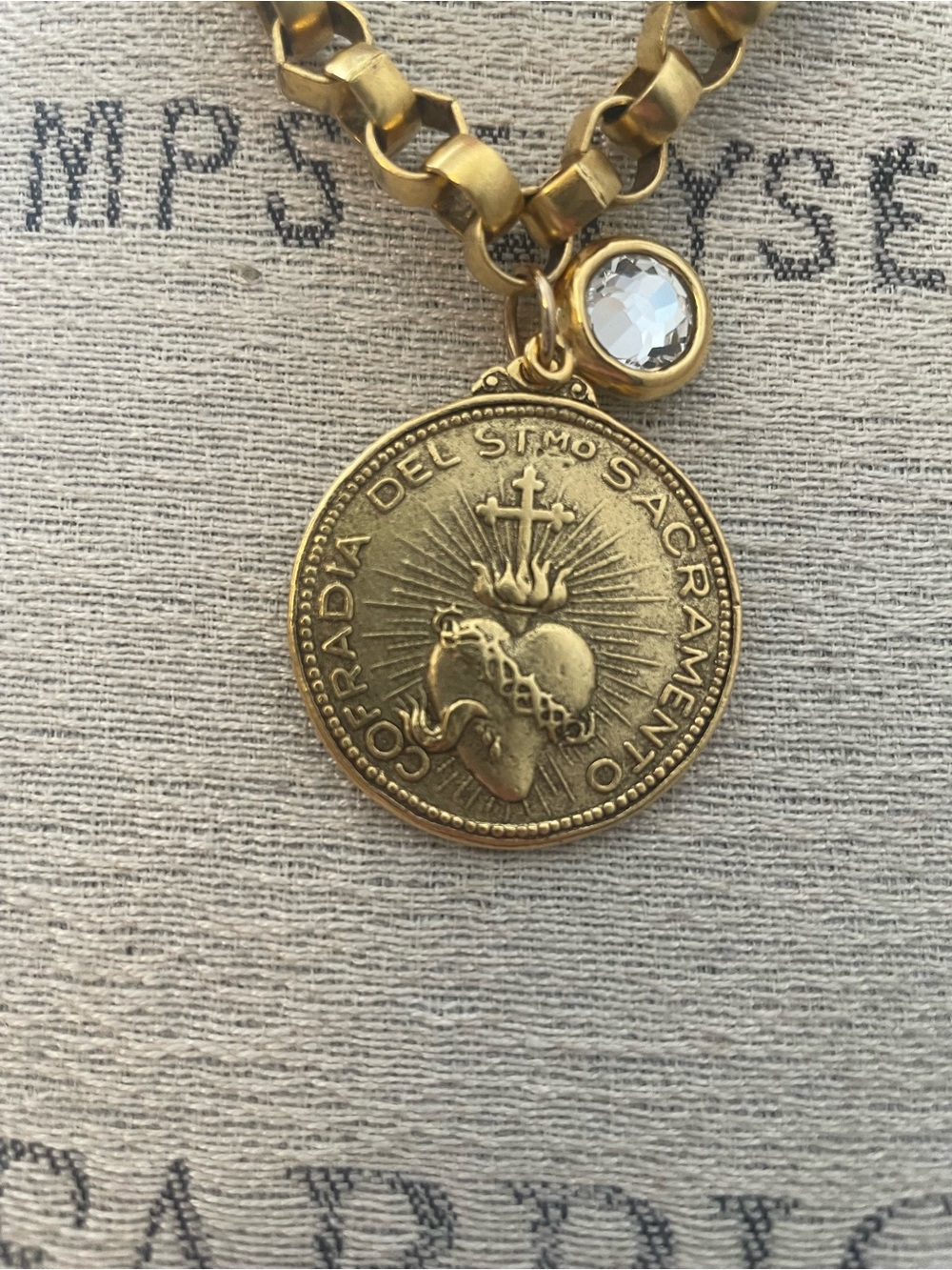 Gold Sacred Heart Medallion Necklace with Crystal Charm